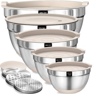 Umite Chef Mixing Bowls with Airtight Lids Set, 8PCS Stainless Steel Khaki Nesting Bowls with Grater Attachments, Kitchen Bowls with Non-Slip Bottoms, Size 5, 4, 3.5, 2, 1.5QT for Mixing & Serving