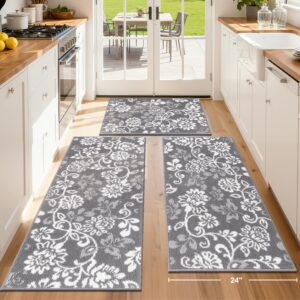 LOKHOM Boho Kitchen Rugs Sets of 3, Non Slip High-Low Textured Kitchen Mats for Floor with Rubber Backing, Paisley Floral Washable Carpet Runner for Hallways Entryway Laundry Sink (Grey & White)