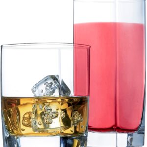 Le'raze Everyday Drinking Glasses Set of 8 Drinkware Kitchen Glasses for Cocktail, Iced Coffee, Beer, Ice Tea, Wine, Whiskey, Water, 4 Tall Highball Glass Cups & 4 Short Old Fashioned.